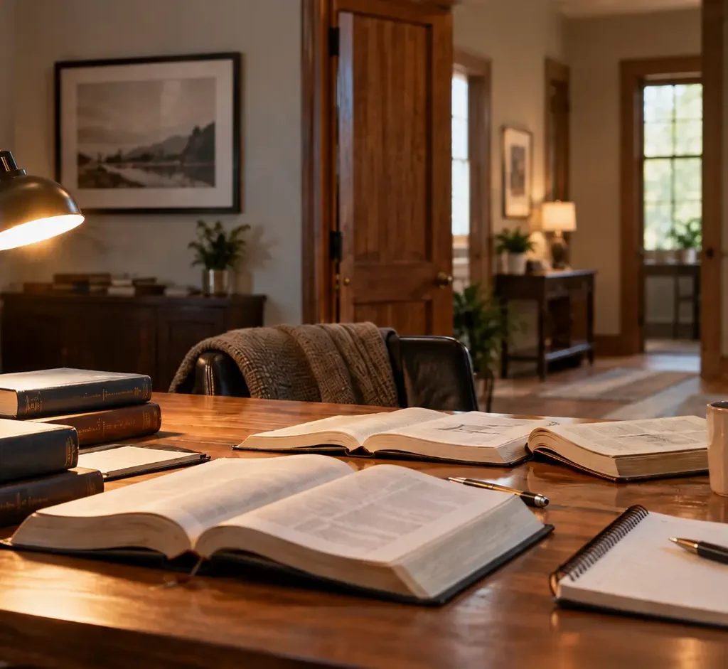Mesa de estudo com livros e anotações para o Dia do Teólogo