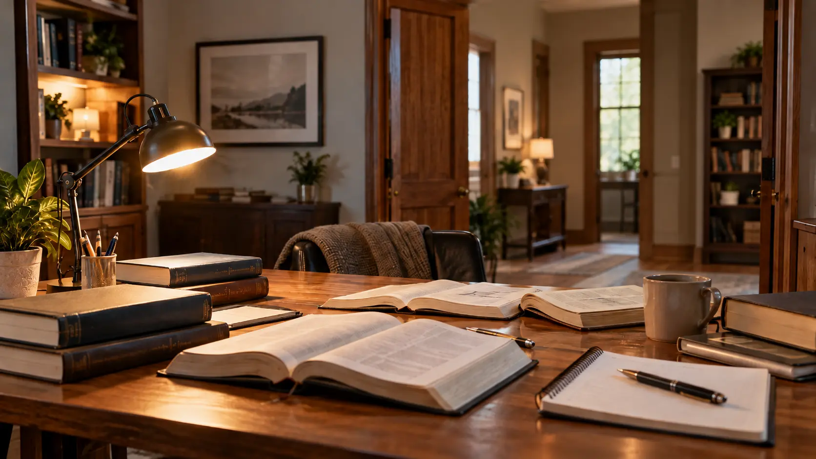 Mesa de estudo com livros e anotações para o Dia do Teólogo